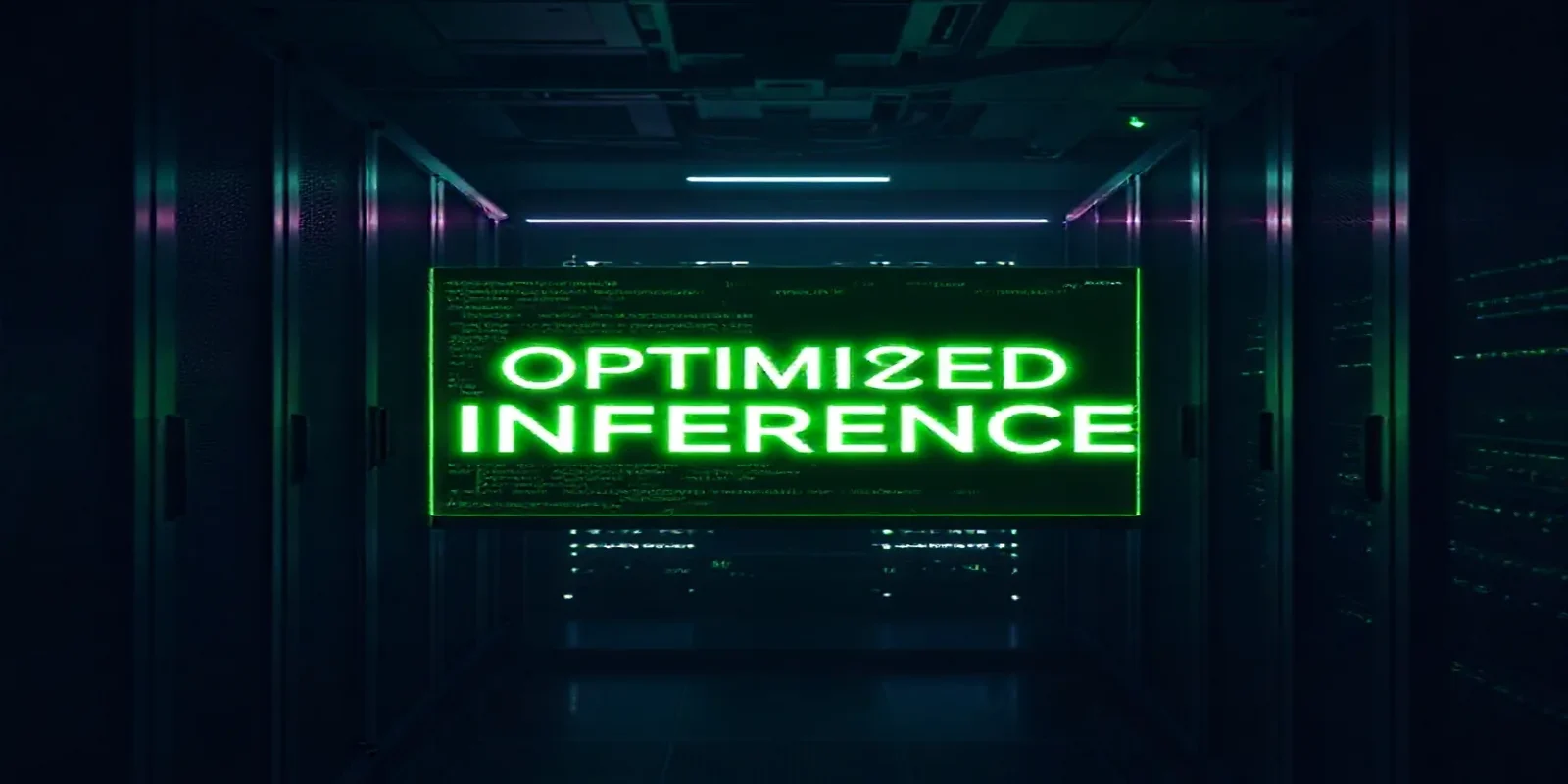 A dark‑mode developer scene showing sleek hardware and a glowing terminal with the phrase “OPTIMIZED INFERENCE”, illustrating Kubernetes AI inference cost and latency optimization.