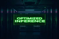 A dark‑mode developer scene showing sleek hardware and a glowing terminal with the phrase “OPTIMIZED INFERENCE”, illustrating Kubernetes AI inference cost and latency optimization.