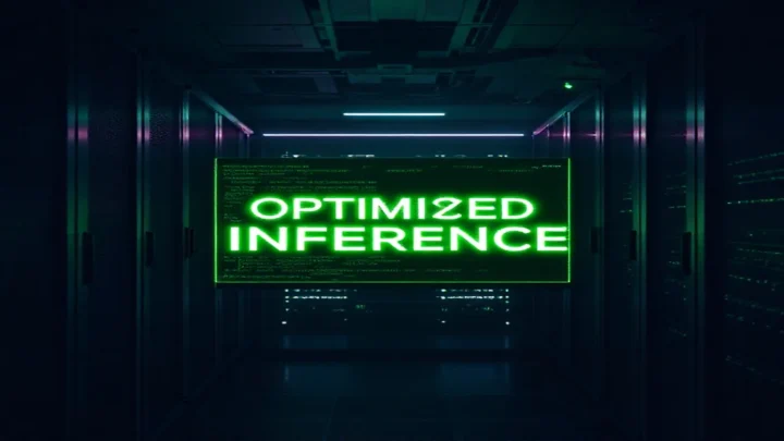 A dark‑mode developer scene showing sleek hardware and a glowing terminal with the phrase “OPTIMIZED INFERENCE”, illustrating Kubernetes AI inference cost and latency optimization.