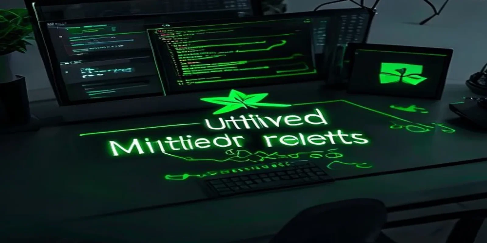 Dark developer workspace with glowing terminal and interlocking React, Vue, and Angular icons representing micro‑frontends integration.