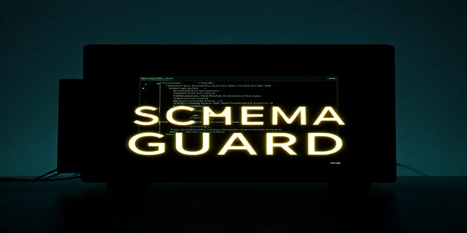A dark‑mode developer workspace illustration visualizing a multi‑tenant DB schema with row‑level security, highlighted by neon green accents and the caption “SCHEMA GUARD”.