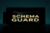 A dark‑mode developer workspace illustration visualizing a multi‑tenant DB schema with row‑level security, highlighted by neon green accents and the caption “SCHEMA GUARD”.