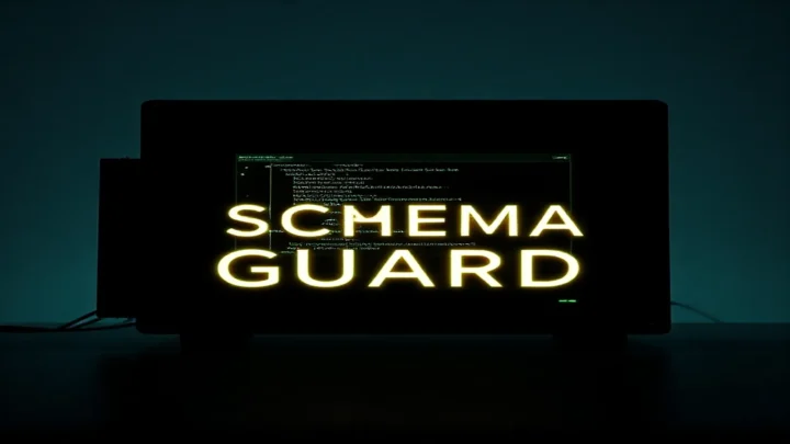 A dark‑mode developer workspace illustration visualizing a multi‑tenant DB schema with row‑level security, highlighted by neon green accents and the caption “SCHEMA GUARD”.