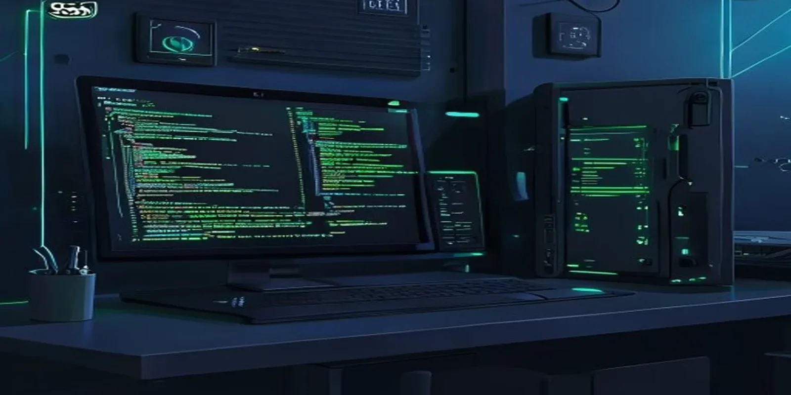 A dark‑mode developer scene with a glowing terminal and sleek hardware, highlighting “SSR BOOST” text, illustrating how Next.js SSR can boost Core Web Vitals in 2026.