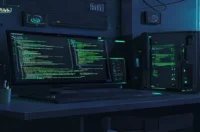 A dark‑mode developer scene with a glowing terminal and sleek hardware, highlighting “SSR BOOST” text, illustrating how Next.js SSR can boost Core Web Vitals in 2026.
