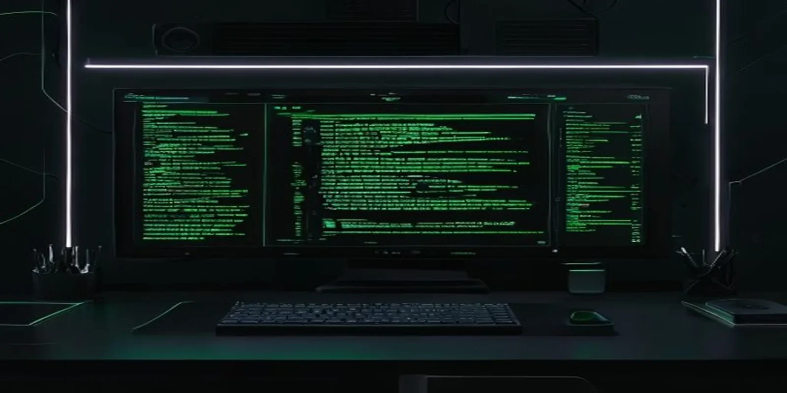 A dark‑mode developer setup featuring a neon‑green glowing terminal displaying code, representing a no‑code AI agent interface built with the Google Gemini API.
