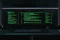 A dark‑mode developer setup featuring a neon‑green glowing terminal displaying code, representing a no‑code AI agent interface built with the Google Gemini API.