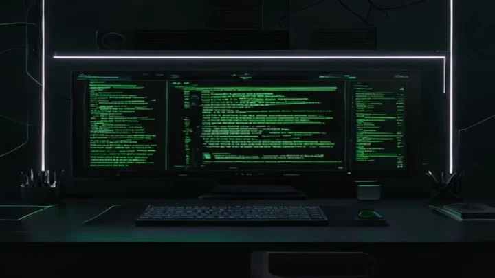 A dark‑mode developer setup featuring a neon‑green glowing terminal displaying code, representing a no‑code AI agent interface built with the Google Gemini API.