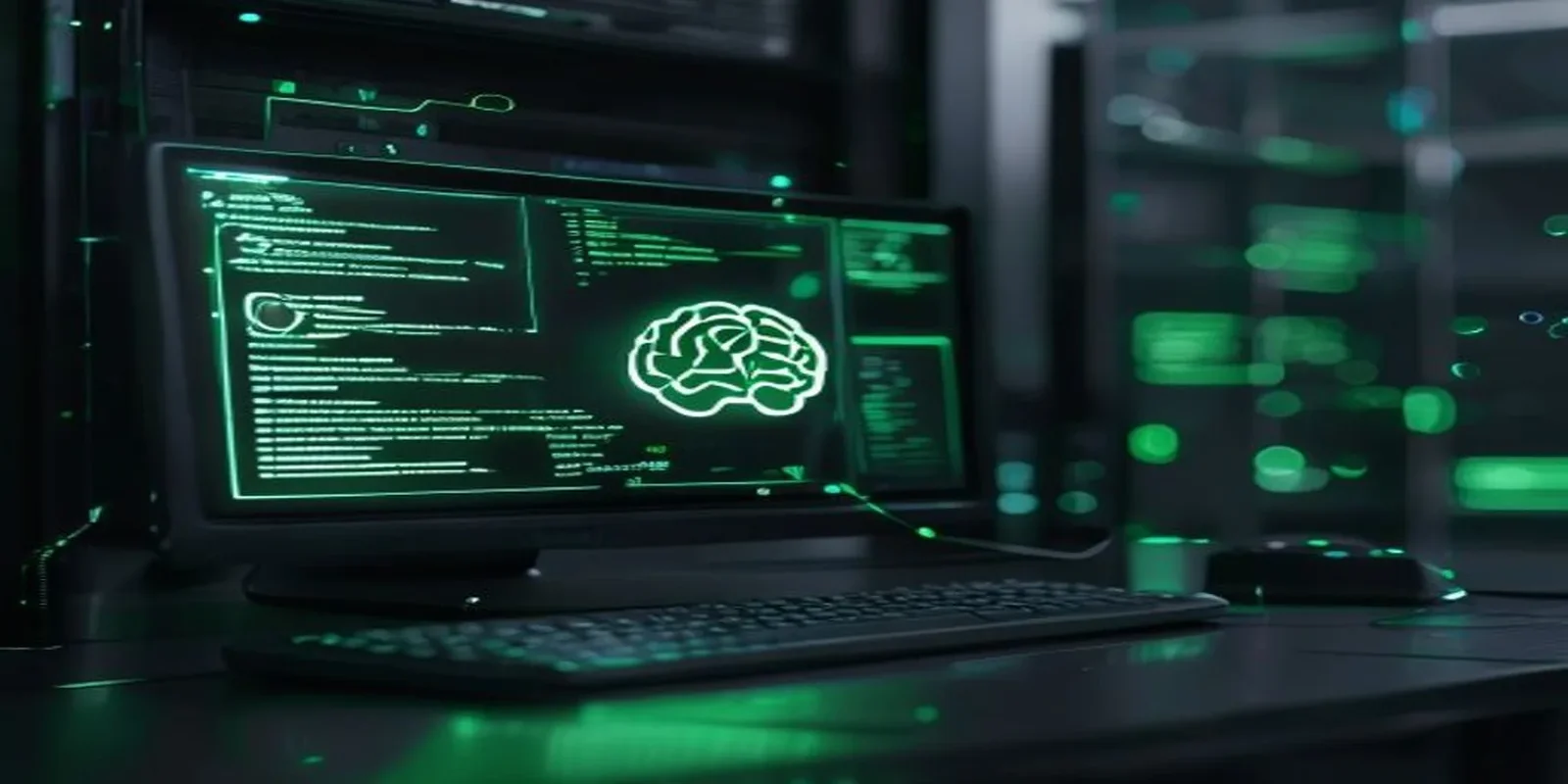 A dark‑mode developer scene displaying a glowing terminal with Node.js & Express code and a neon‑green AI‑agent icon, illustrating a no‑code AI agent guide.