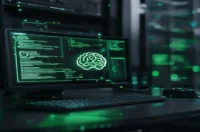 A dark‑mode developer scene displaying a glowing terminal with Node.js & Express code and a neon‑green AI‑agent icon, illustrating a no‑code AI agent guide.