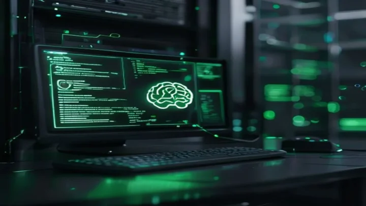 A dark‑mode developer scene displaying a glowing terminal with Node.js & Express code and a neon‑green AI‑agent icon, illustrating a no‑code AI agent guide.