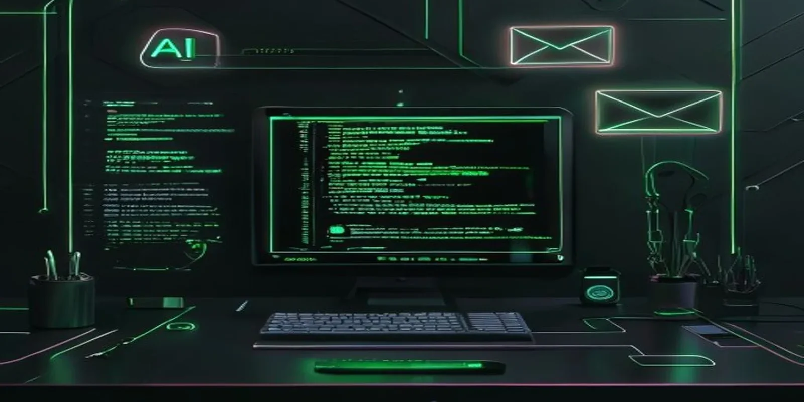 A dark‑mode developer scene illustrating a no‑code Slack and Gmail integration with an AI agent, highlighted by green neon accents and the bold label “AI INTEGRATION”.