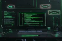 A dark‑mode developer scene illustrating a no‑code Slack and Gmail integration with an AI agent, highlighted by green neon accents and the bold label “AI INTEGRATION”.