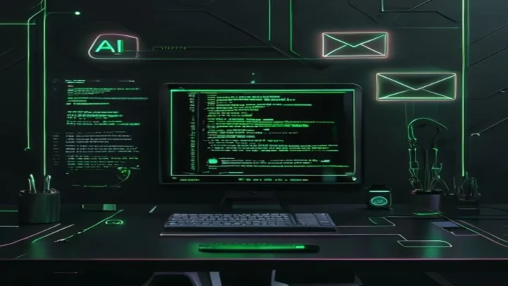 A dark‑mode developer scene illustrating a no‑code Slack and Gmail integration with an AI agent, highlighted by green neon accents and the bold label “AI INTEGRATION”.
