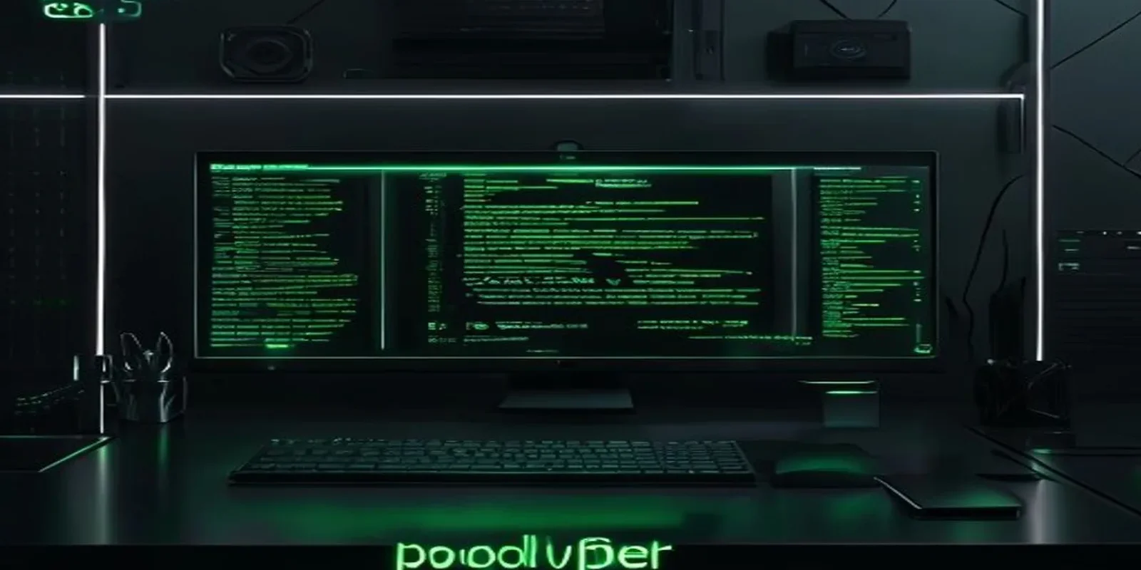 A dark‑mode developer scene showing a glowing neon‑green terminal and the phrase “POOL POWER,” illustrating Node.js connection pooling for high concurrency.