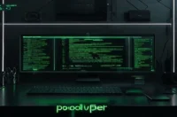 A dark‑mode developer scene showing a glowing neon‑green terminal and the phrase “POOL POWER,” illustrating Node.js connection pooling for high concurrency.