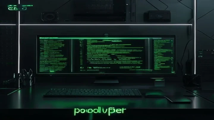 A dark‑mode developer scene showing a glowing neon‑green terminal and the phrase “POOL POWER,” illustrating Node.js connection pooling for high concurrency.