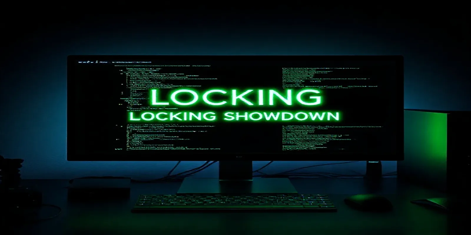 A dark‑mode developer scene with a glowing terminal and neon green accents illustrating optimistic vs pessimistic locking in JavaScript ORMs.