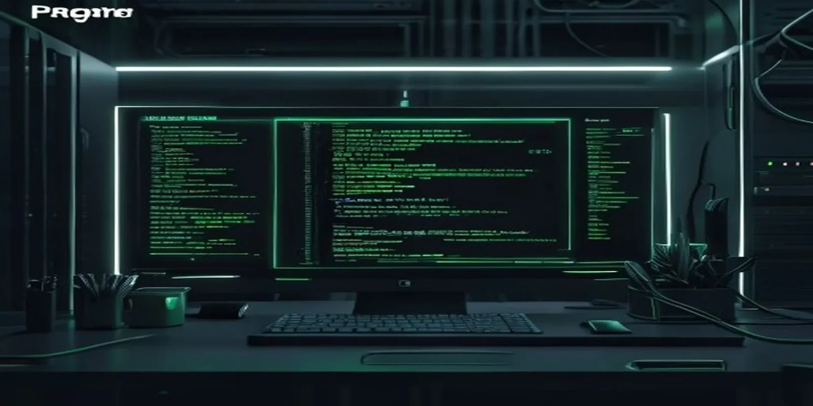 Dark developer‑style cover with a glowing terminal and neon green accents illustrating prompt design for AI agents.