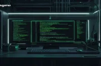 Dark developer‑style cover with a glowing terminal and neon green accents illustrating prompt design for AI agents.