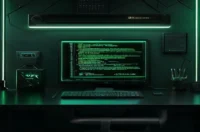 An illustration of a dark‑mode developer workspace emphasizing React lazy loading, code‑splitting, and dynamic imports.