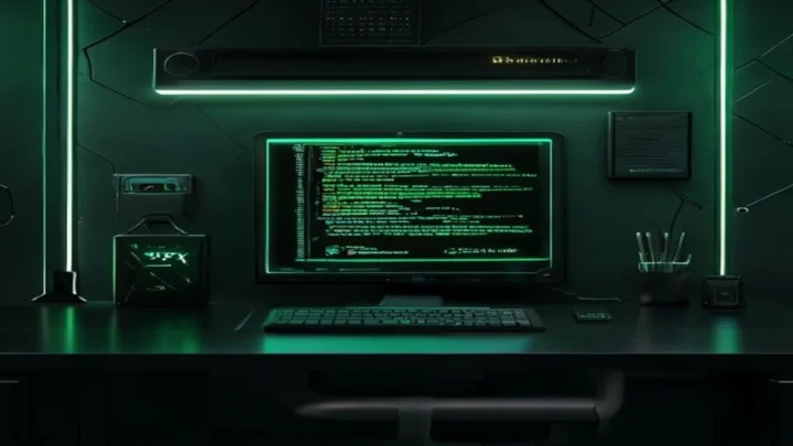 An illustration of a dark‑mode developer workspace emphasizing React lazy loading, code‑splitting, and dynamic imports.