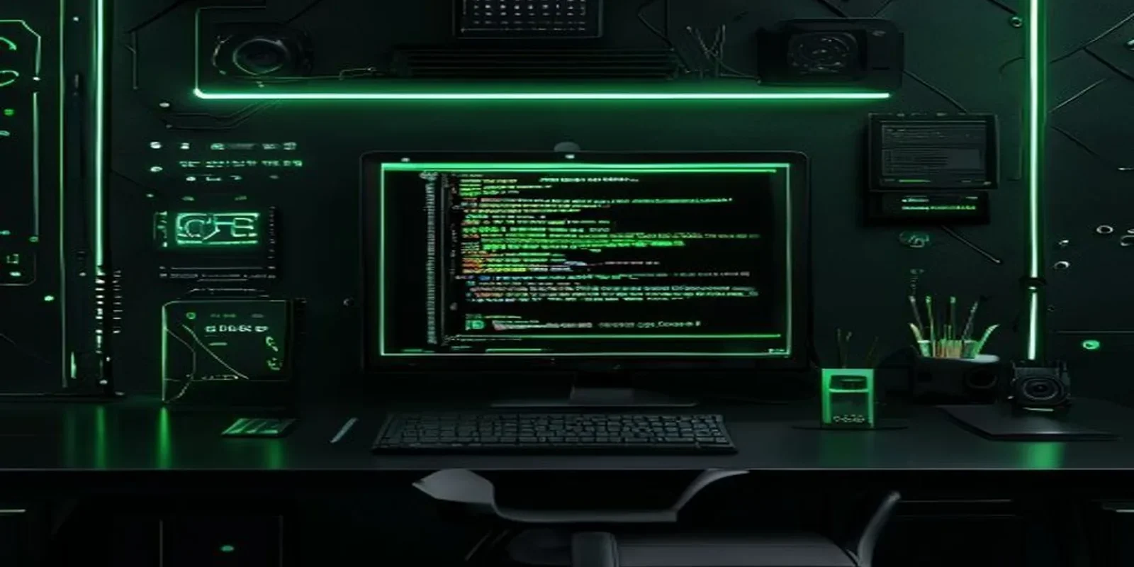 A dark‑mode developer scene featuring a glowing terminal displaying React useMemo, useCallback, and React.memo code, with neon green accents and the label “PERF BOOST” centered.
