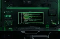 A dark‑mode developer scene featuring a glowing terminal displaying React useMemo, useCallback, and React.memo code, with neon green accents and the label “PERF BOOST” centered.
