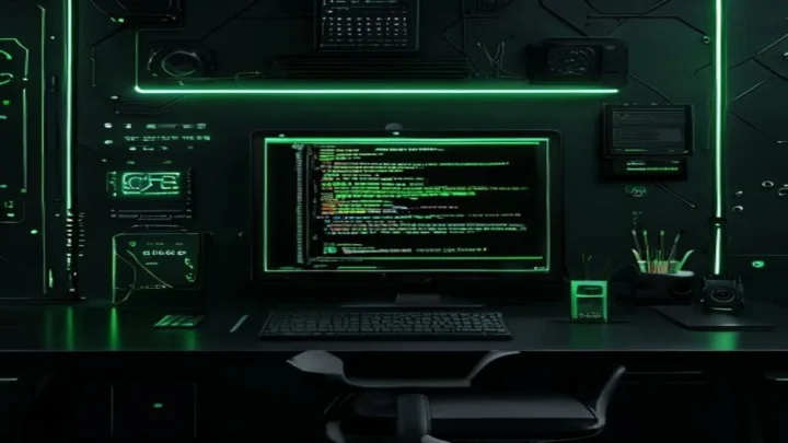 A dark‑mode developer scene featuring a glowing terminal displaying React useMemo, useCallback, and React.memo code, with neon green accents and the label “PERF BOOST” centered.