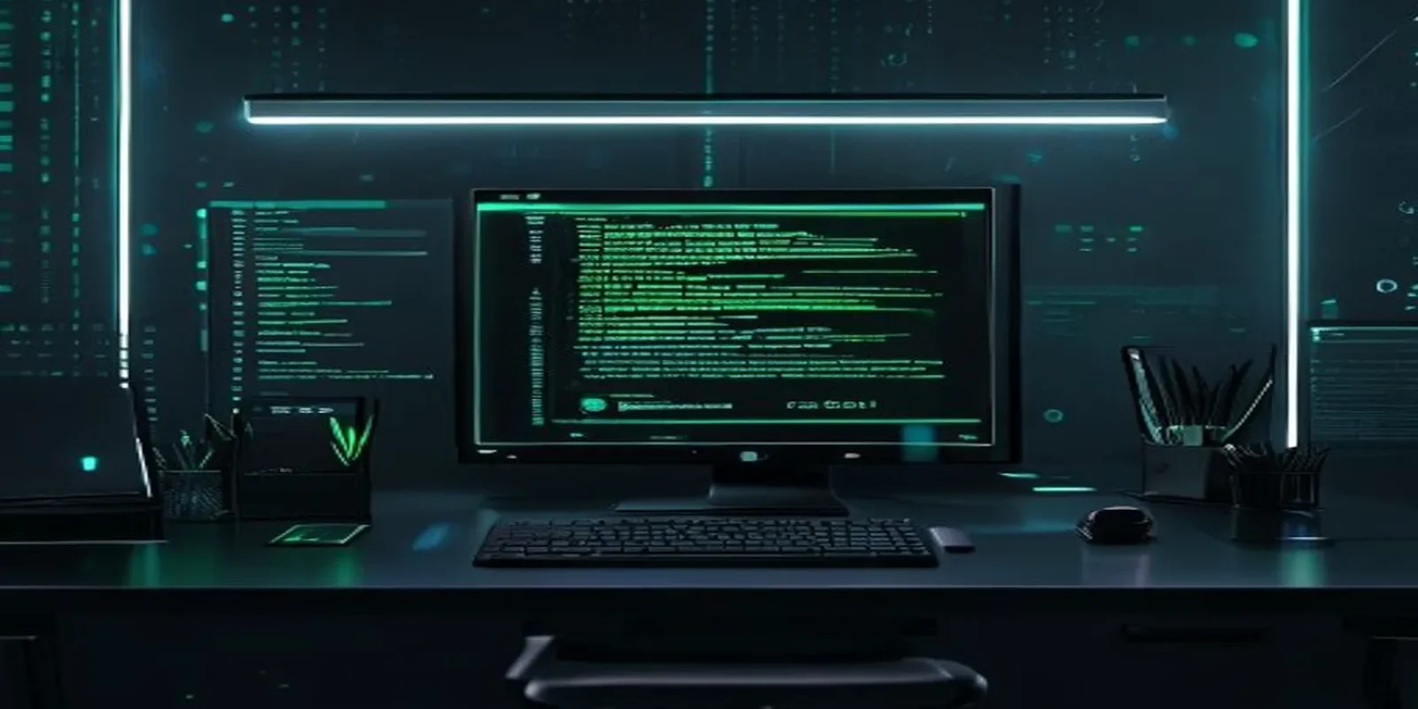 A dark developer workstation featuring a glowing terminal showing React PWA service workers code, highlighting the offline‑first approach.