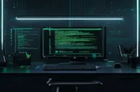 A dark developer workstation featuring a glowing terminal showing React PWA service workers code, highlighting the offline‑first approach.