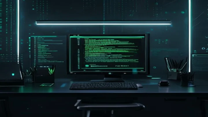 A dark developer workstation featuring a glowing terminal showing React PWA service workers code, highlighting the offline‑first approach.
