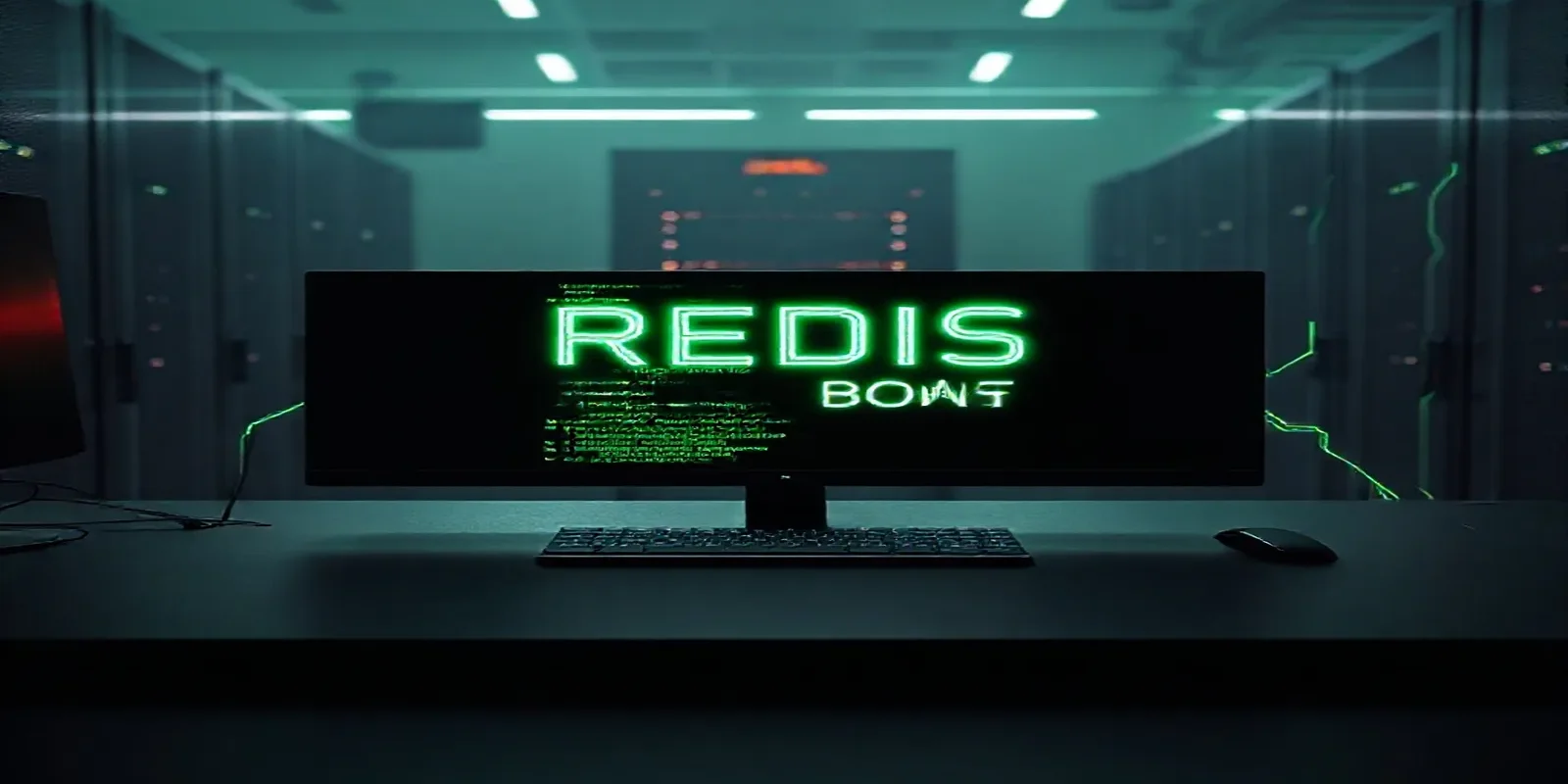 Dark‑mode developer scene featuring a glowing green terminal and neon circuitry, with the phrase “REDIS BOOST” highlighting a Redis data loader that supercharges ORM caching.