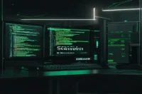 Dark developer‑themed illustration of a scalable Redis JWT session store with a glowing terminal and neon green accents.
