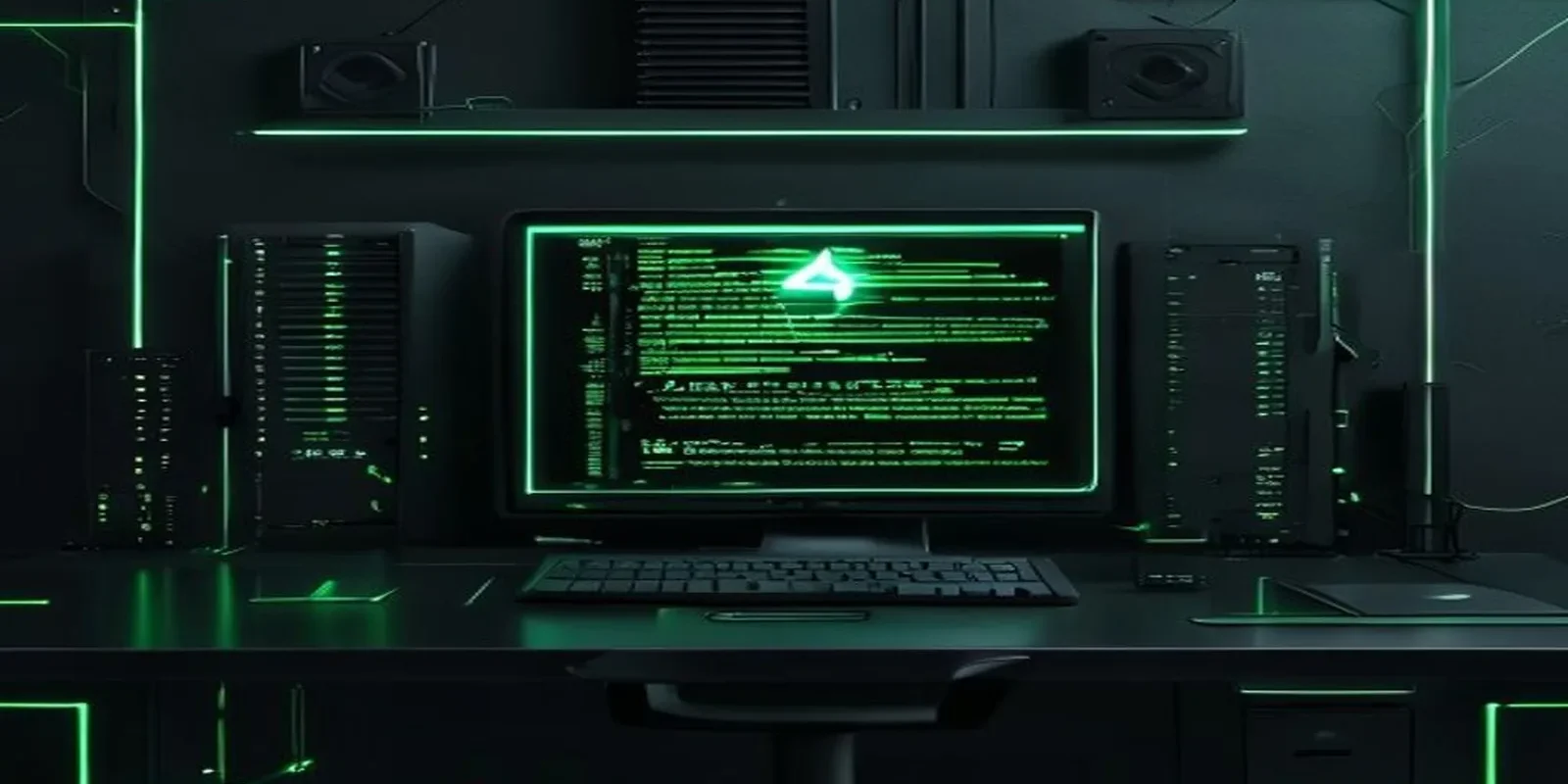 A dark‑mode developer scene featuring a glowing terminal and sleek hardware with neon‑green accents, illustrating zero‑trust API key management for a secure AI agent.