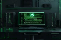 A dark‑mode developer scene featuring a glowing terminal and sleek hardware with neon‑green accents, illustrating zero‑trust API key management for a secure AI agent.