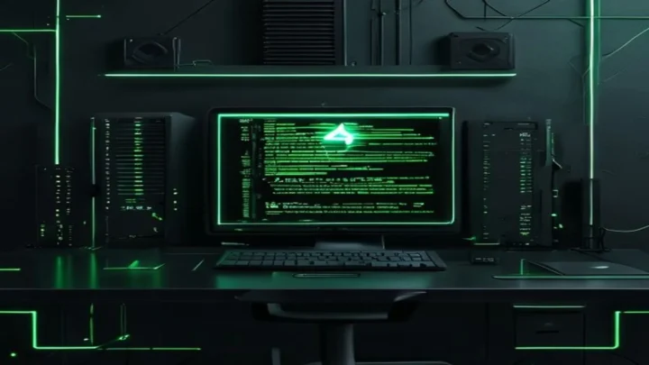 A dark‑mode developer scene featuring a glowing terminal and sleek hardware with neon‑green accents, illustrating zero‑trust API key management for a secure AI agent.