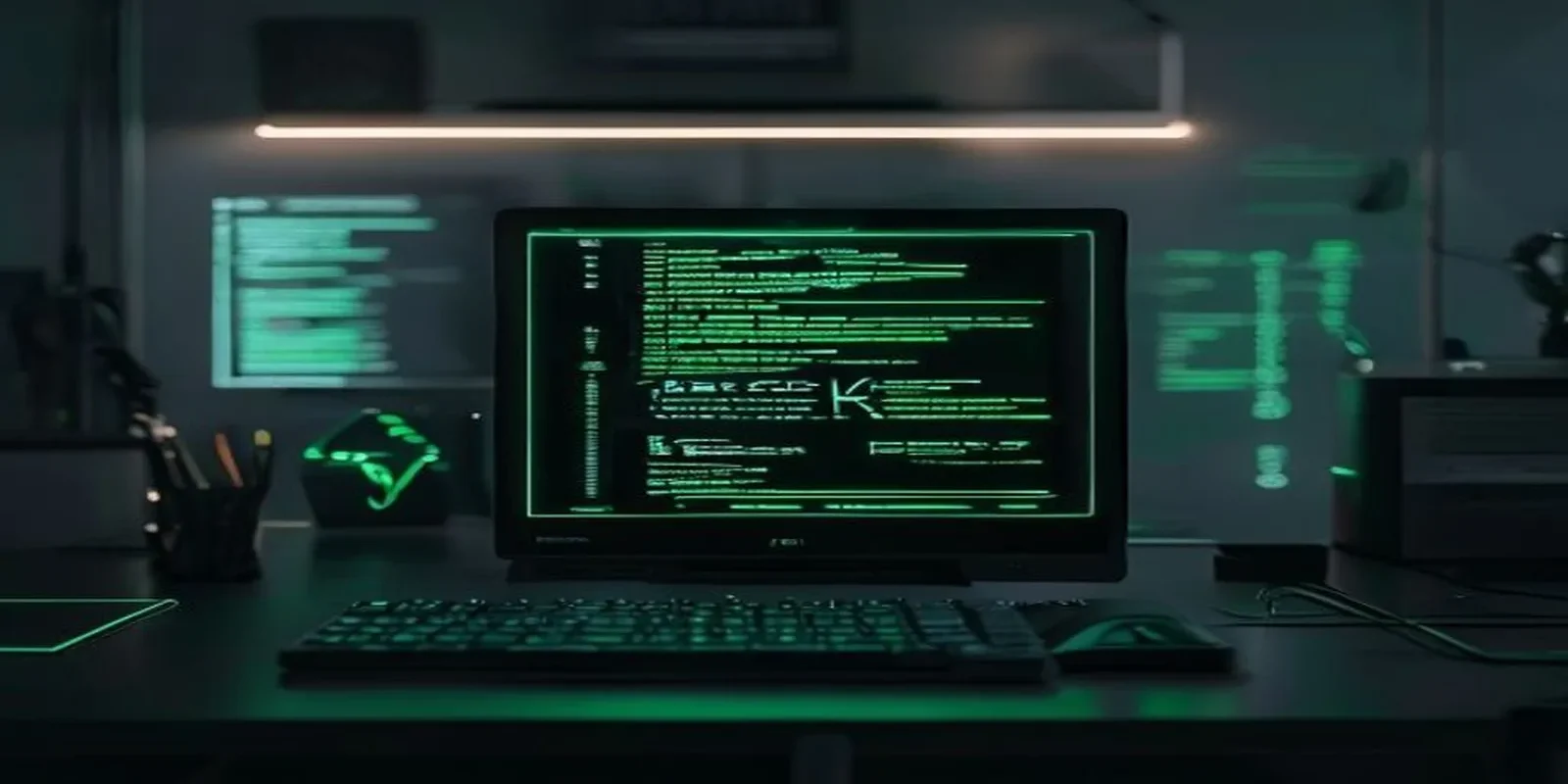 A dark‑mode developer scene with a glowing terminal and neon green highlights displaying “SEQUELIZE LINKS”, representing a complete guide to Sequelize associations.