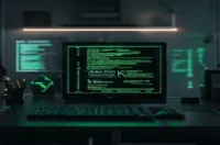 A dark‑mode developer scene with a glowing terminal and neon green highlights displaying “SEQUELIZE LINKS”, representing a complete guide to Sequelize associations.