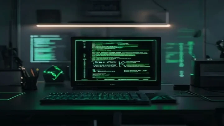 A dark‑mode developer scene with a glowing terminal and neon green highlights displaying “SEQUELIZE LINKS”, representing a complete guide to Sequelize associations.