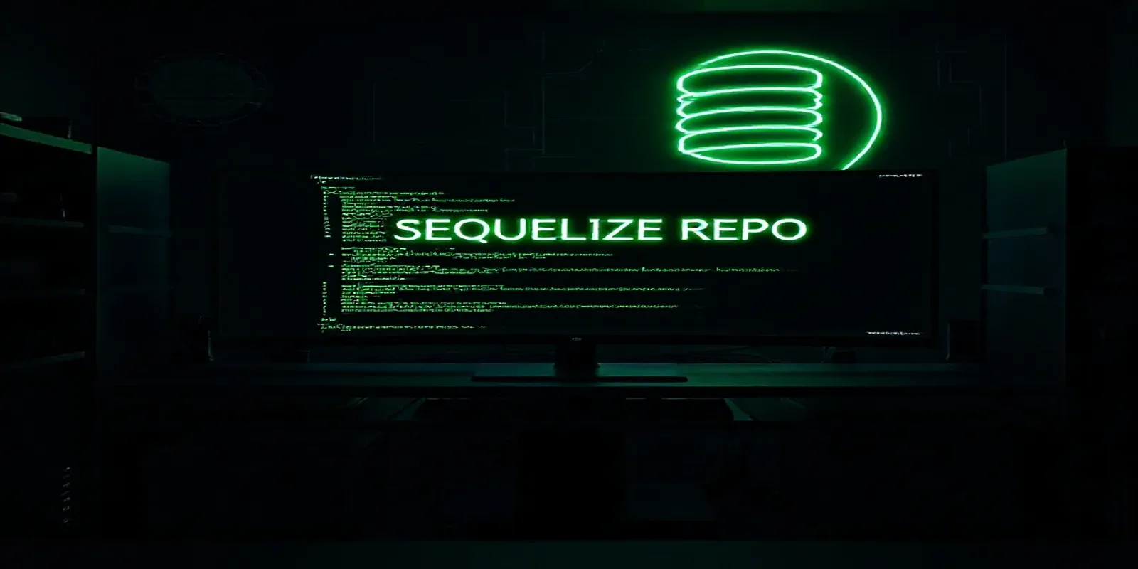 A dark‑mode developer workspace with a glowing green terminal showing Sequelize repository pattern code for a Node.js backend (2026).