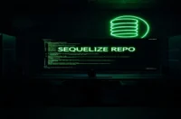 A dark‑mode developer workspace with a glowing green terminal showing Sequelize repository pattern code for a Node.js backend (2026).