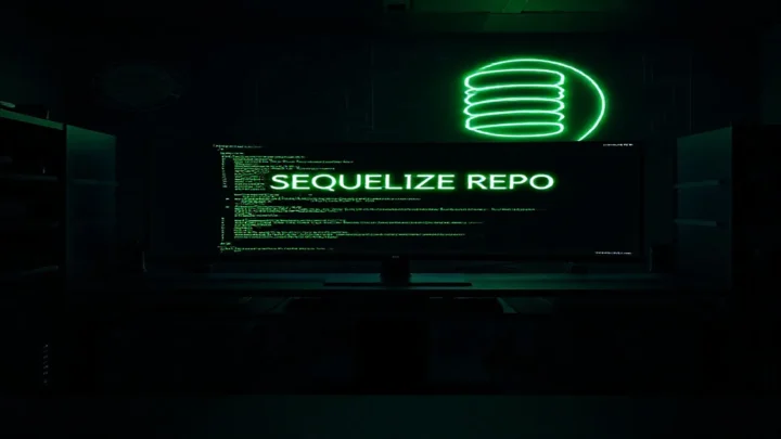A dark‑mode developer workspace with a glowing green terminal showing Sequelize repository pattern code for a Node.js backend (2026).
