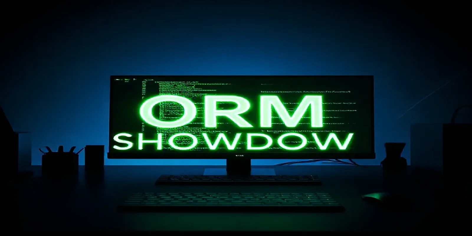 Dark‑mode developer workspace with a glowing terminal showing TypeScript code and neon green accents, illustrating a comparison of TypeScript ORMs Prisma and TypeORM.