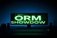 Dark‑mode developer workspace with a glowing terminal showing TypeScript code and neon green accents, illustrating a comparison of TypeScript ORMs Prisma and TypeORM.