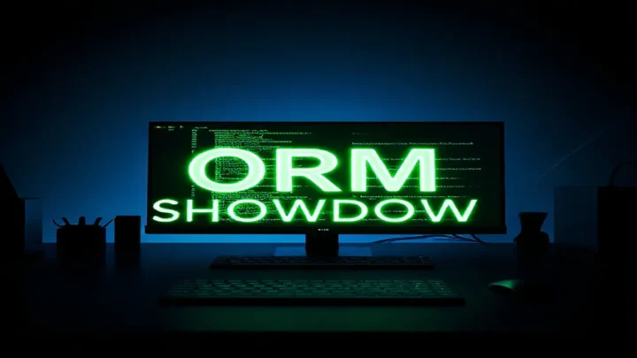 Dark‑mode developer workspace with a glowing terminal showing TypeScript code and neon green accents, illustrating a comparison of TypeScript ORMs Prisma and TypeORM.