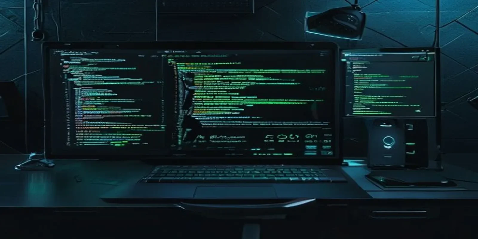 A dark‑mode developer workspace featuring a sleek black laptop with a neon‑green glowing terminal and audio waveform, representing a voice‑enabled AI agent for accessibility.