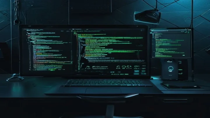 A dark‑mode developer workspace featuring a sleek black laptop with a neon‑green glowing terminal and audio waveform, representing a voice‑enabled AI agent for accessibility.