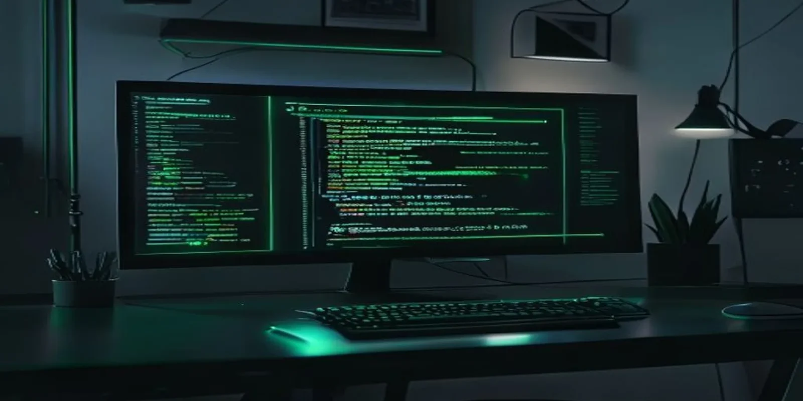 Dark developer workstation with a glowing terminal and neon green accents visualizing the WebSockets vs SSE real‑time frontend guide.