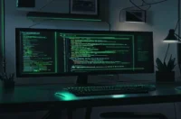 Dark developer workstation with a glowing terminal and neon green accents visualizing the WebSockets vs SSE real‑time frontend guide.
